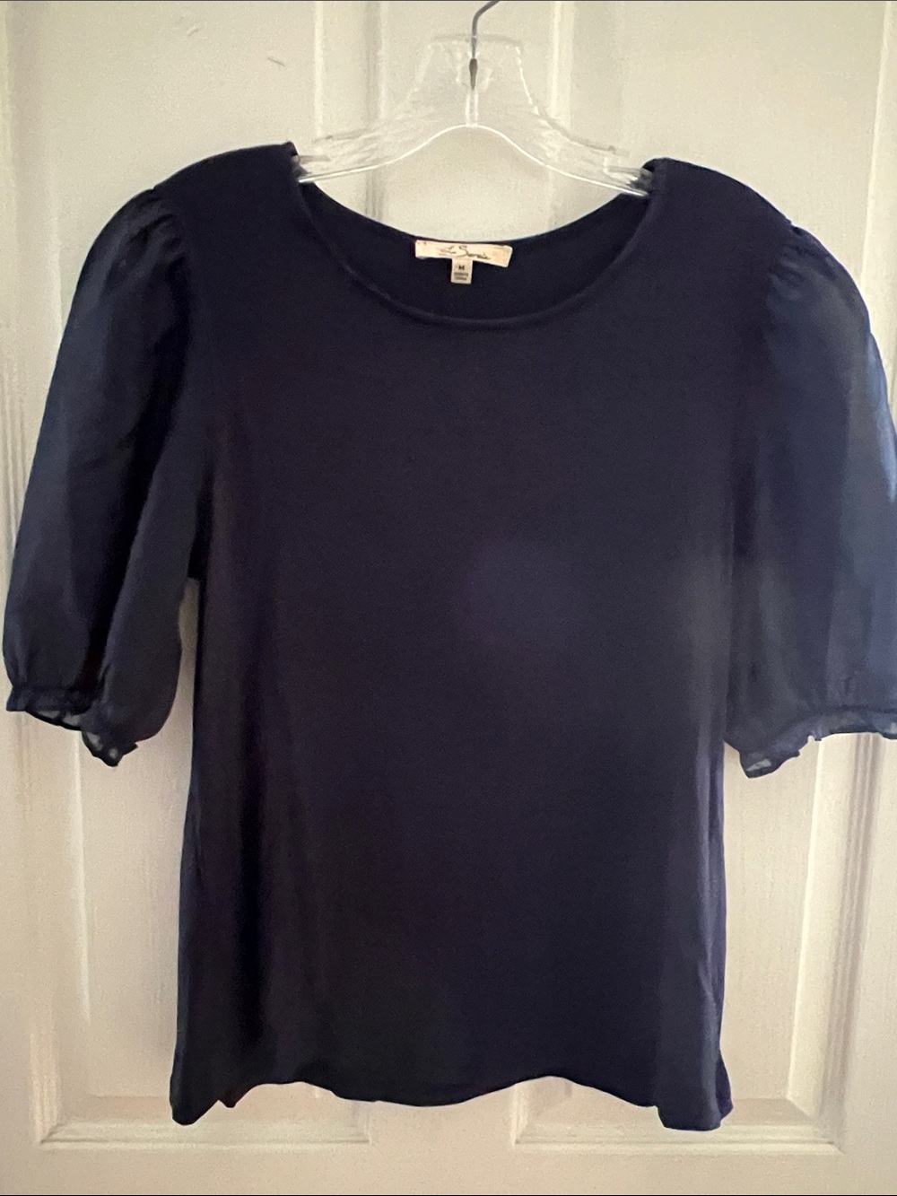 Navy Puff-Sleeve Women's Blouse - Elegant Short Sleeve Top